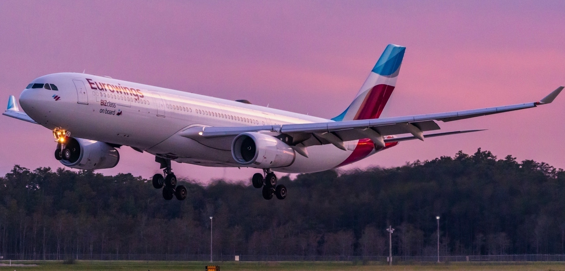 Eurowings A330 landing at sunset at Southwest Florida International Airport. 